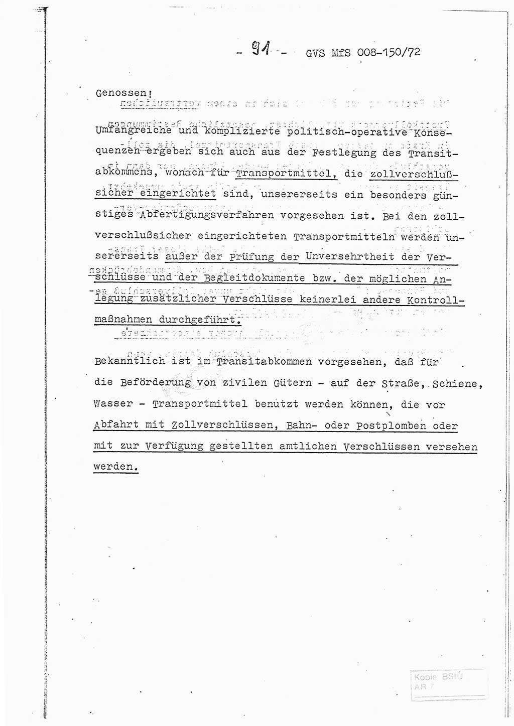 Referat (Entwurf) des Genossen Minister (Generaloberst Erich Mielke) auf der Dienstkonferenz 1972, Ministerium für Staatssicherheit (MfS) [Deutsche Demokratische Republik (DDR)], Der Minister, Geheime Verschlußsache (GVS) 008-150/72, Berlin 25.2.1972, Seite 91 (Ref. Entw. DK MfS DDR Min. GVS 008-150/72 1972, S. 91)