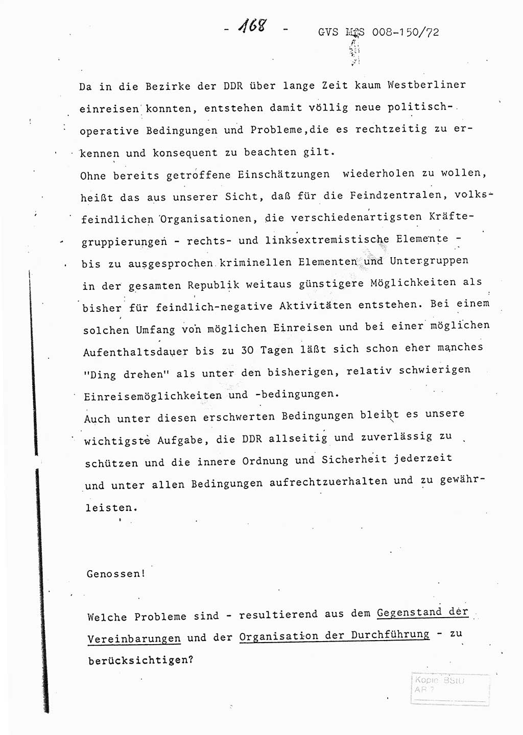 Referat (Entwurf) des Genossen Minister (Generaloberst Erich Mielke) auf der Dienstkonferenz 1972, Ministerium für Staatssicherheit (MfS) [Deutsche Demokratische Republik (DDR)], Der Minister, Geheime Verschlußsache (GVS) 008-150/72, Berlin 25.2.1972, Seite 168 (Ref. Entw. DK MfS DDR Min. GVS 008-150/72 1972, S. 168)