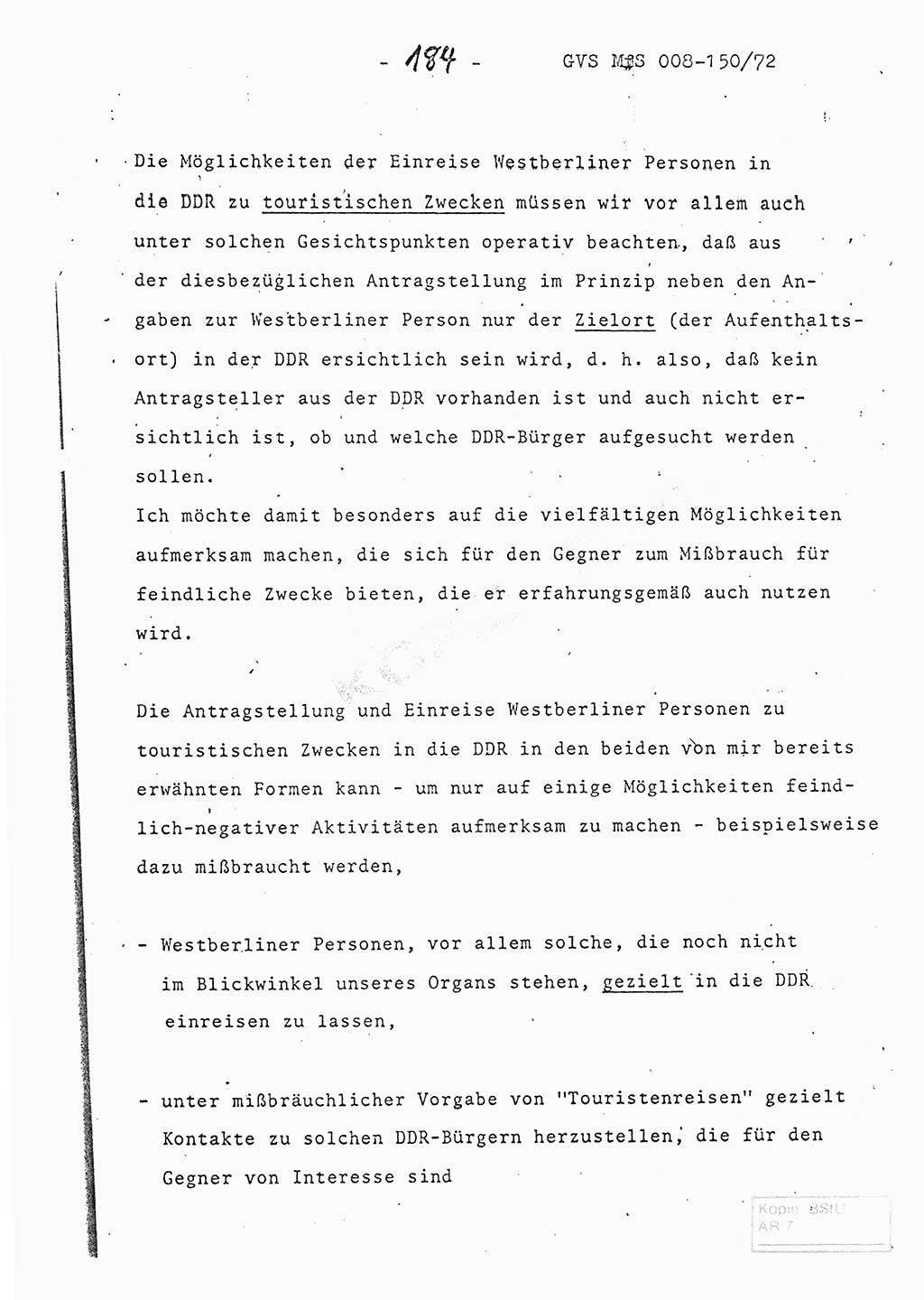Referat (Entwurf) des Genossen Minister (Generaloberst Erich Mielke) auf der Dienstkonferenz 1972, Ministerium für Staatssicherheit (MfS) [Deutsche Demokratische Republik (DDR)], Der Minister, Geheime Verschlußsache (GVS) 008-150/72, Berlin 25.2.1972, Seite 184 (Ref. Entw. DK MfS DDR Min. GVS 008-150/72 1972, S. 184)
