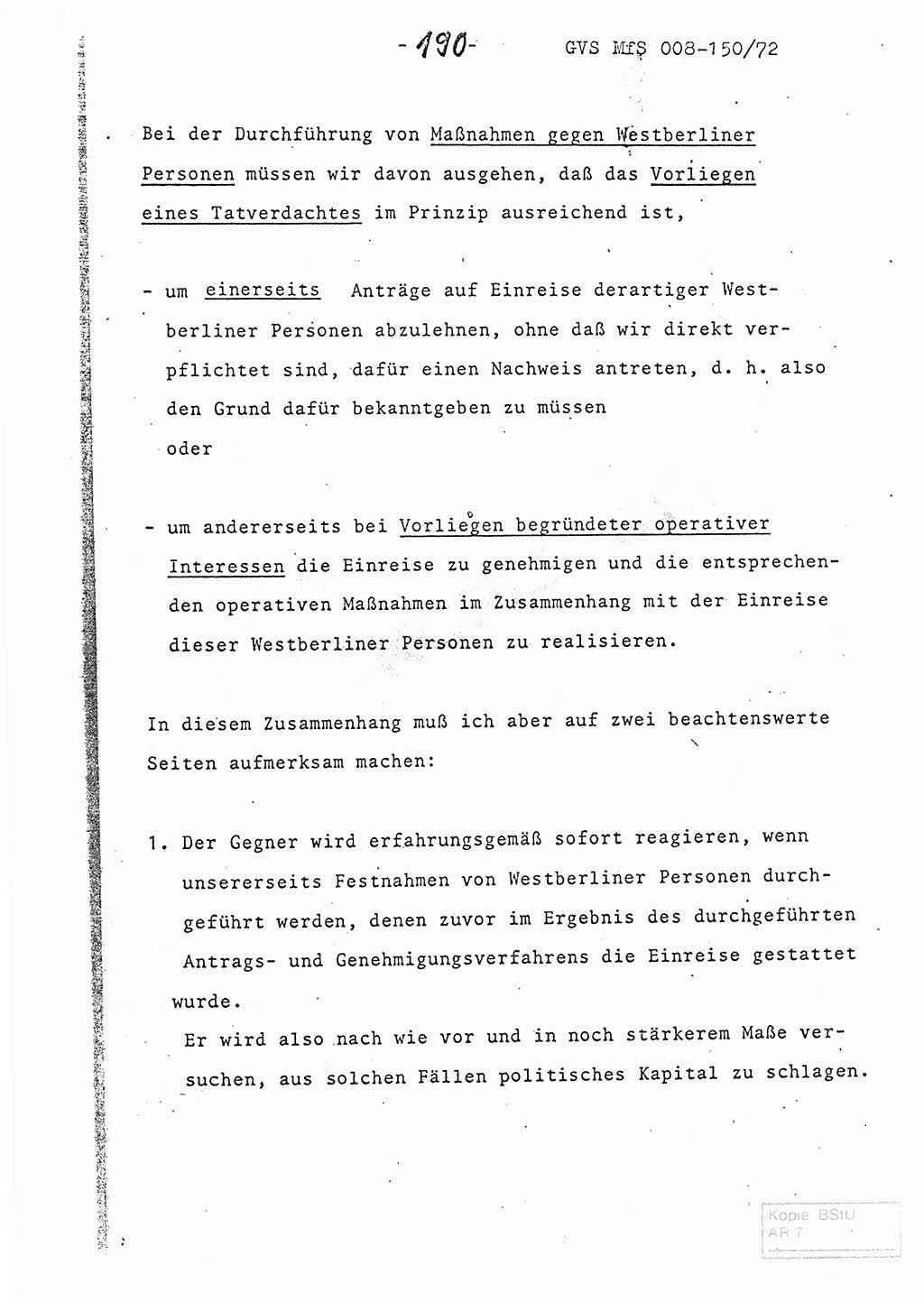 Referat (Entwurf) des Genossen Minister (Generaloberst Erich Mielke) auf der Dienstkonferenz 1972, Ministerium für Staatssicherheit (MfS) [Deutsche Demokratische Republik (DDR)], Der Minister, Geheime Verschlußsache (GVS) 008-150/72, Berlin 25.2.1972, Seite 190 (Ref. Entw. DK MfS DDR Min. GVS 008-150/72 1972, S. 190)