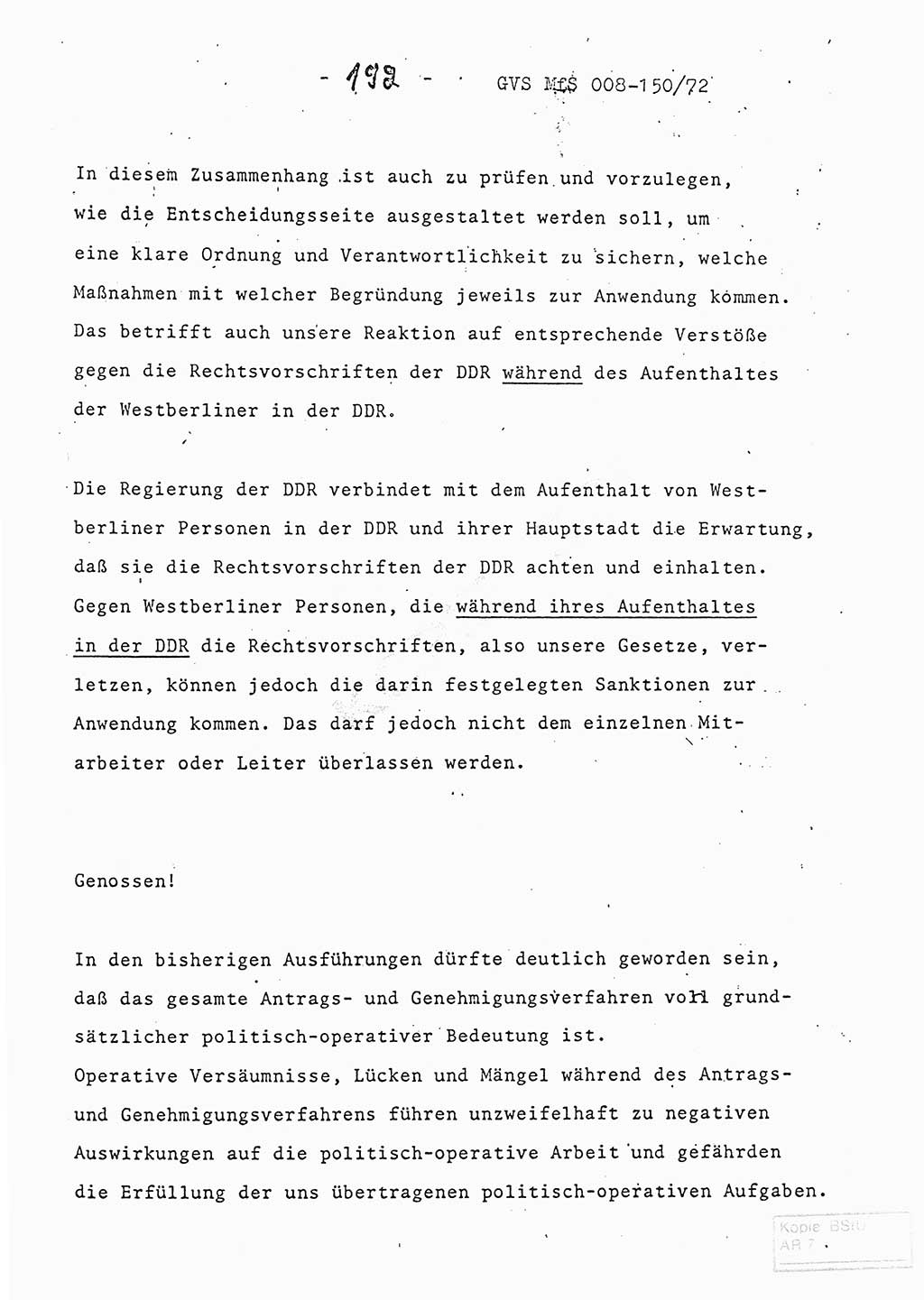 Referat (Entwurf) des Genossen Minister (Generaloberst Erich Mielke) auf der Dienstkonferenz 1972, Ministerium für Staatssicherheit (MfS) [Deutsche Demokratische Republik (DDR)], Der Minister, Geheime Verschlußsache (GVS) 008-150/72, Berlin 25.2.1972, Seite 192 (Ref. Entw. DK MfS DDR Min. GVS 008-150/72 1972, S. 192)