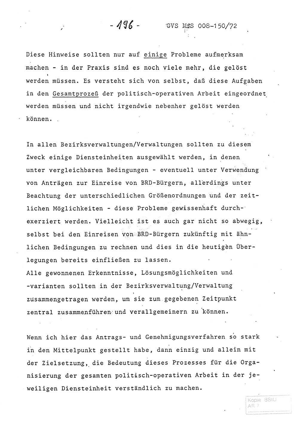 Referat (Entwurf) des Genossen Minister (Generaloberst Erich Mielke) auf der Dienstkonferenz 1972, Ministerium für Staatssicherheit (MfS) [Deutsche Demokratische Republik (DDR)], Der Minister, Geheime Verschlußsache (GVS) 008-150/72, Berlin 25.2.1972, Seite 196 (Ref. Entw. DK MfS DDR Min. GVS 008-150/72 1972, S. 196)