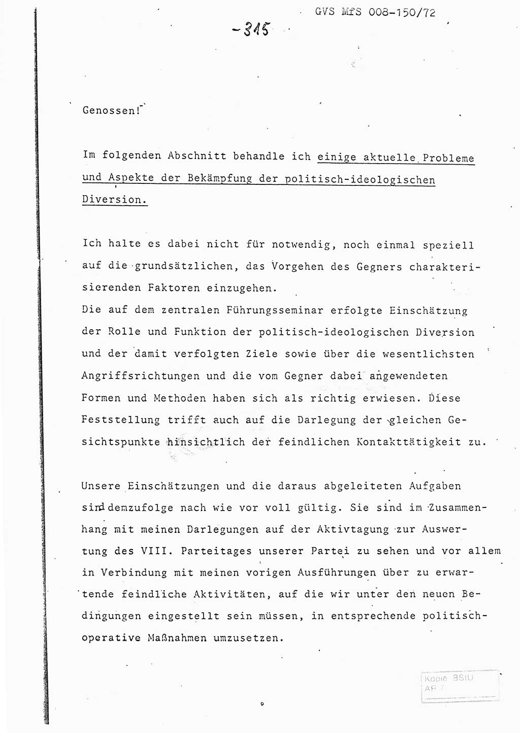 Referat (Entwurf) des Genossen Minister (Generaloberst Erich Mielke) auf der Dienstkonferenz 1972, Ministerium für Staatssicherheit (MfS) [Deutsche Demokratische Republik (DDR)], Der Minister, Geheime Verschlußsache (GVS) 008-150/72, Berlin 25.2.1972, Seite 315 (Ref. Entw. DK MfS DDR Min. GVS 008-150/72 1972, S. 315)