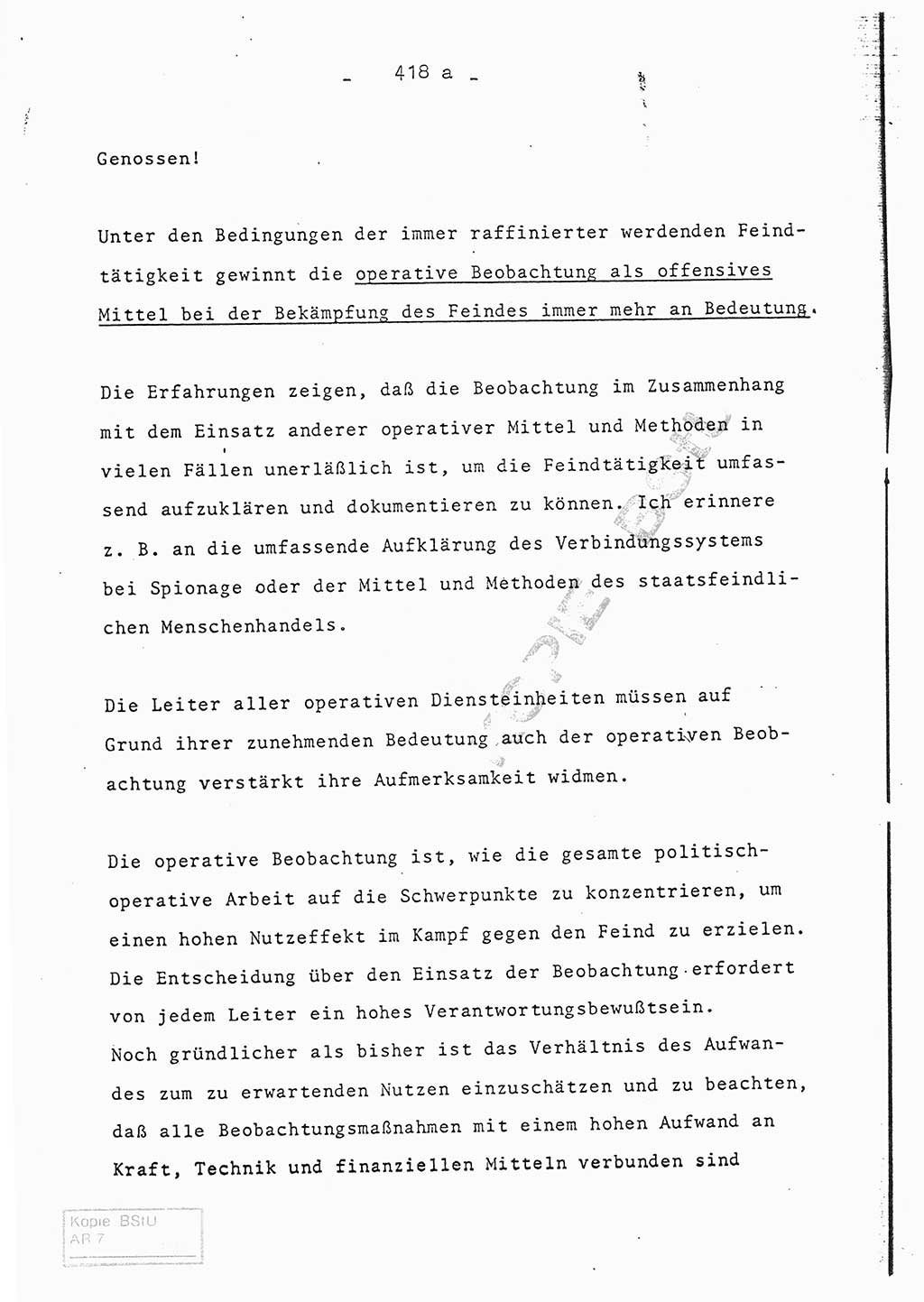 Referat (Entwurf) des Genossen Minister (Generaloberst Erich Mielke) auf der Dienstkonferenz 1972, Ministerium für Staatssicherheit (MfS) [Deutsche Demokratische Republik (DDR)], Der Minister, Geheime Verschlußsache (GVS) 008-150/72, Berlin 25.2.1972, Seite 418/1 (Ref. Entw. DK MfS DDR Min. GVS 008-150/72 1972, S. 418/1)