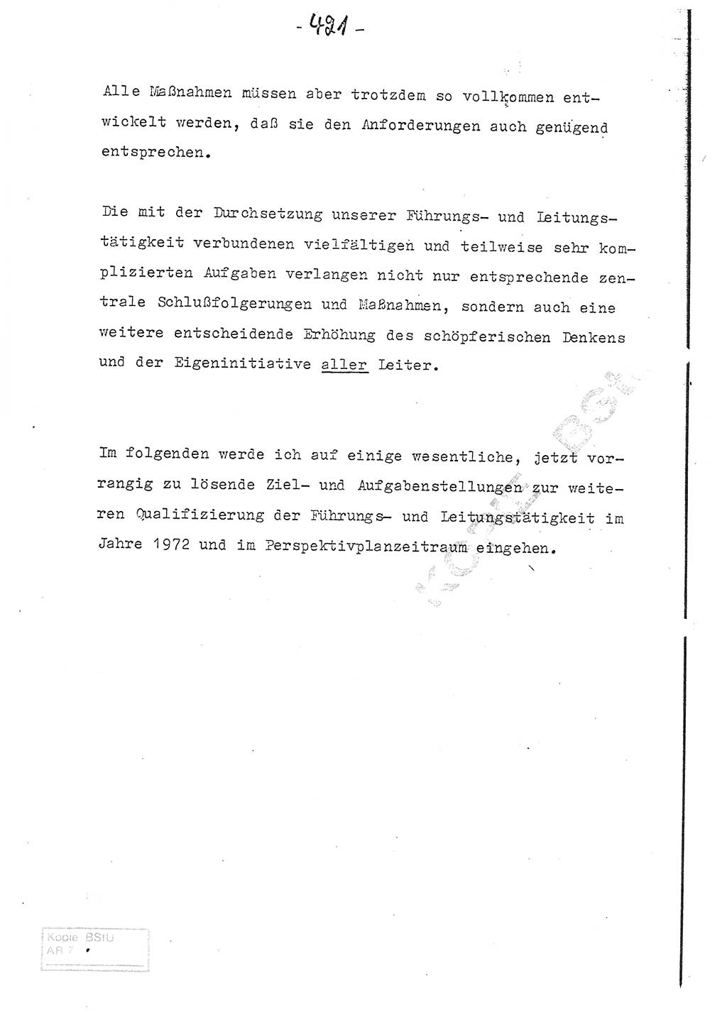 Referat (Entwurf) des Genossen Minister (Generaloberst Erich Mielke) auf der Dienstkonferenz 1972, Ministerium für Staatssicherheit (MfS) [Deutsche Demokratische Republik (DDR)], Der Minister, Geheime Verschlußsache (GVS) 008-150/72, Berlin 25.2.1972, Seite 421 (Ref. Entw. DK MfS DDR Min. GVS 008-150/72 1972, S. 421)