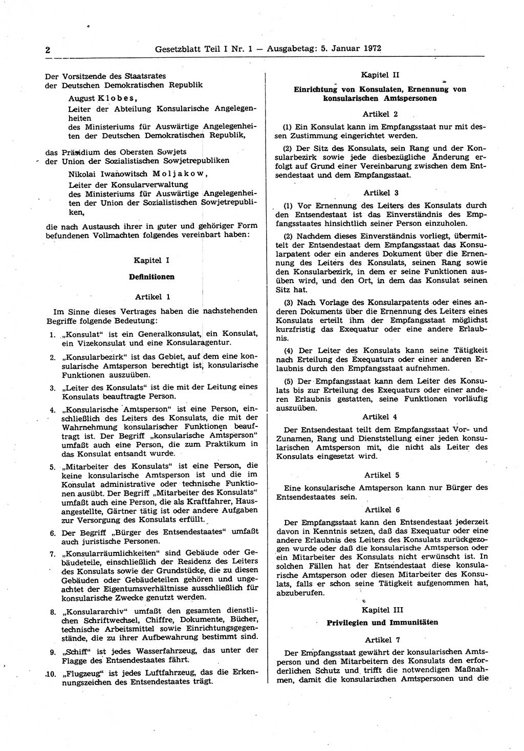 Gesetzblatt (GBl.) der Deutschen Demokratischen Republik (DDR) Teil Ⅰ 1972, Seite 2 (GBl. DDR Ⅰ 1972, S. 2)