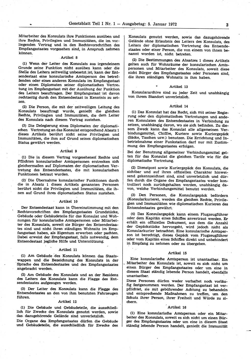 Gesetzblatt (GBl.) der Deutschen Demokratischen Republik (DDR) Teil Ⅰ 1972, Seite 3 (GBl. DDR Ⅰ 1972, S. 3)