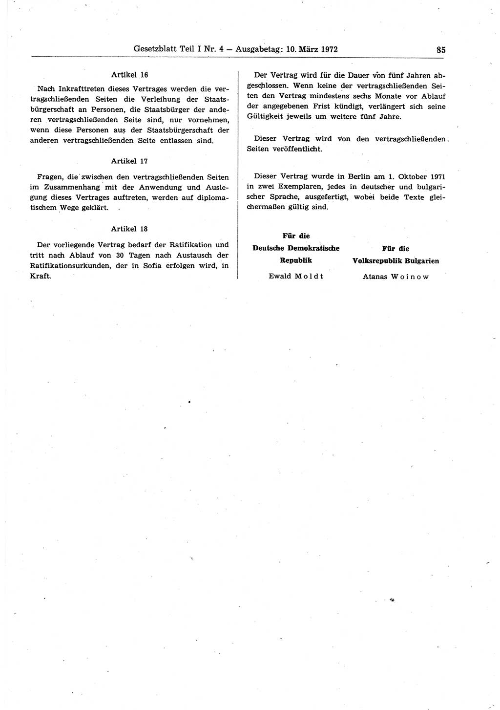 Gesetzblatt (GBl.) der Deutschen Demokratischen Republik (DDR) Teil Ⅰ 1972, Seite 85 (GBl. DDR Ⅰ 1972, S. 85)