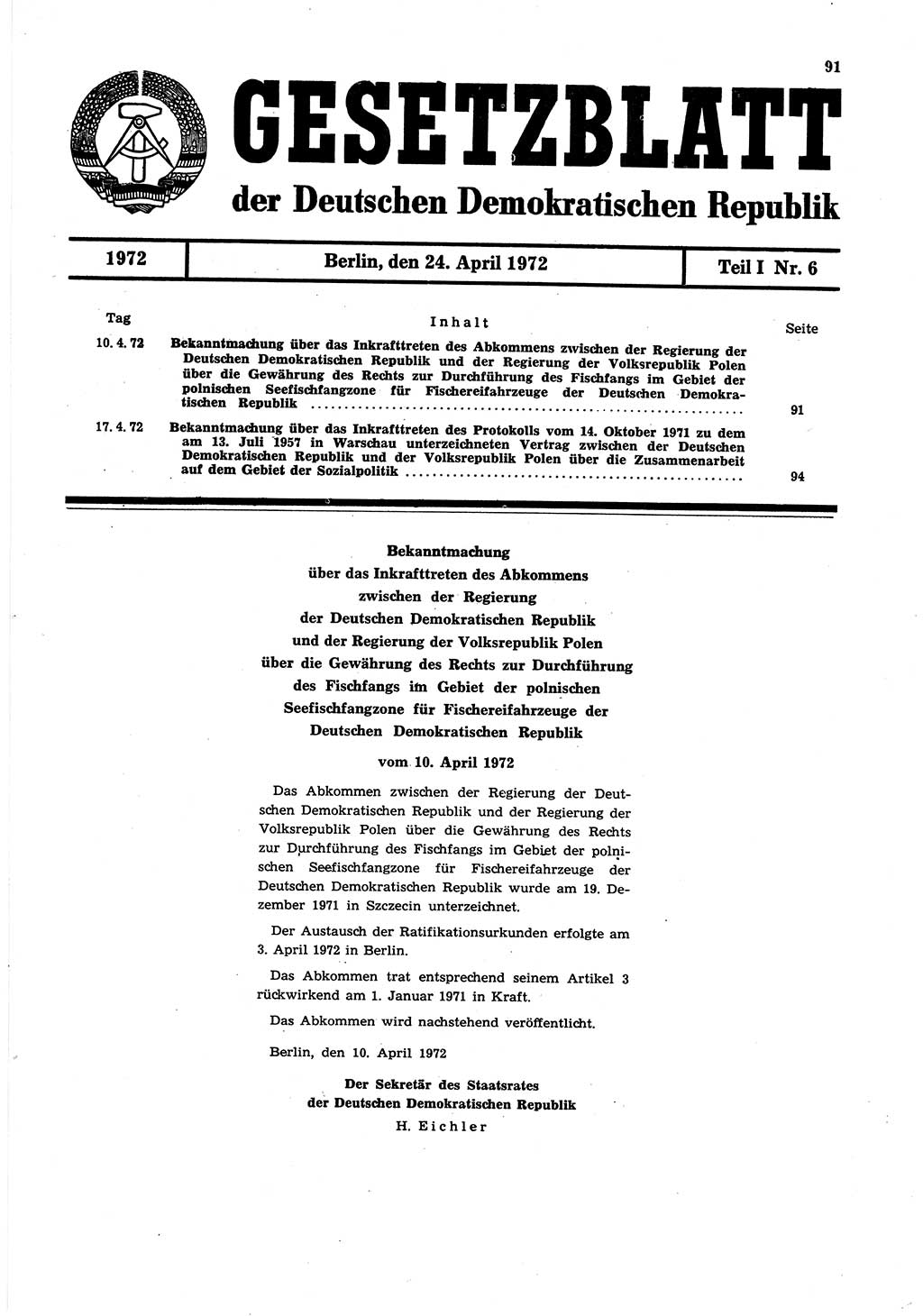 Gesetzblatt (GBl.) der Deutschen Demokratischen Republik (DDR) Teil Ⅰ 1972, Seite 91 (GBl. DDR Ⅰ 1972, S. 91)