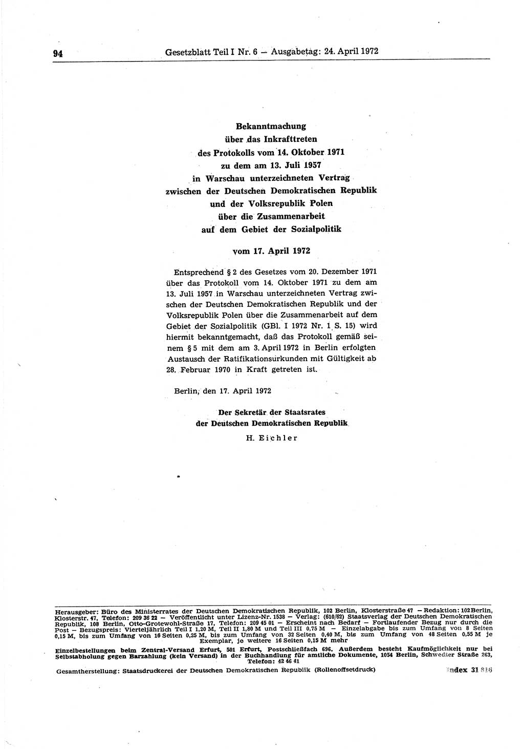 Gesetzblatt (GBl.) der Deutschen Demokratischen Republik (DDR) Teil Ⅰ 1972, Seite 94 (GBl. DDR Ⅰ 1972, S. 94)