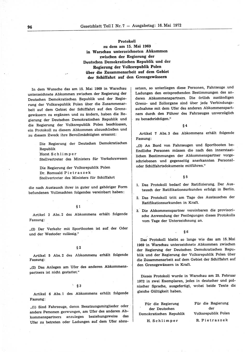 Gesetzblatt (GBl.) der Deutschen Demokratischen Republik (DDR) Teil Ⅰ 1972, Seite 96 (GBl. DDR Ⅰ 1972, S. 96)