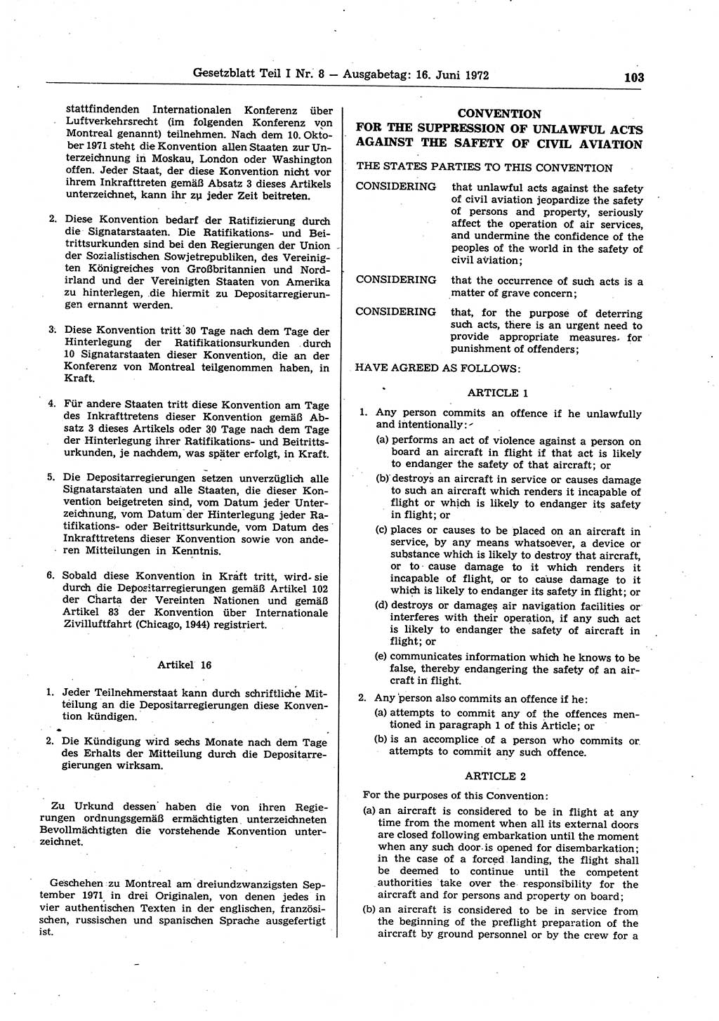 Gesetzblatt (GBl.) der Deutschen Demokratischen Republik (DDR) Teil Ⅰ 1972, Seite 103 (GBl. DDR Ⅰ 1972, S. 103)
