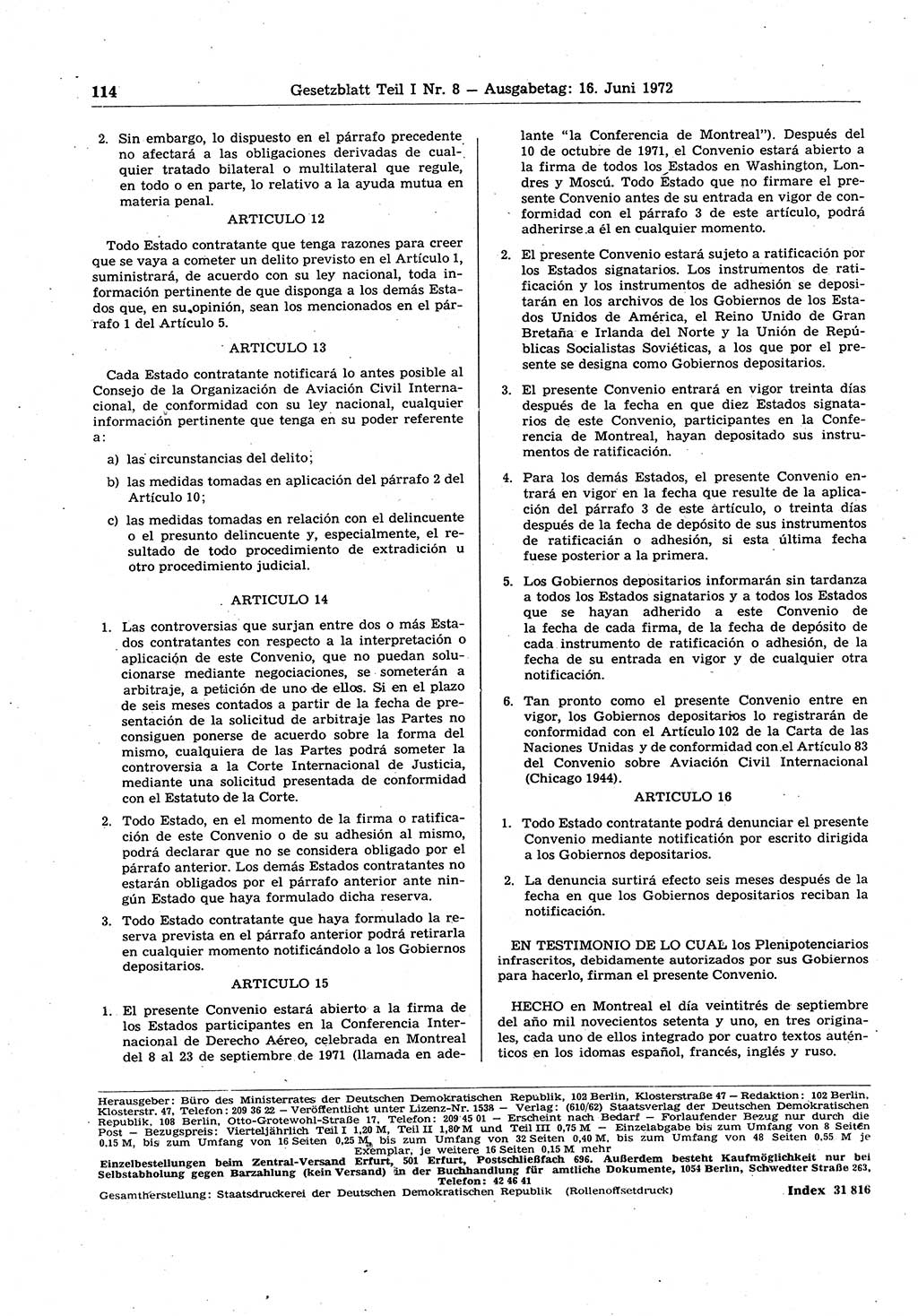 Gesetzblatt (GBl.) der Deutschen Demokratischen Republik (DDR) Teil Ⅰ 1972, Seite 114 (GBl. DDR Ⅰ 1972, S. 114)