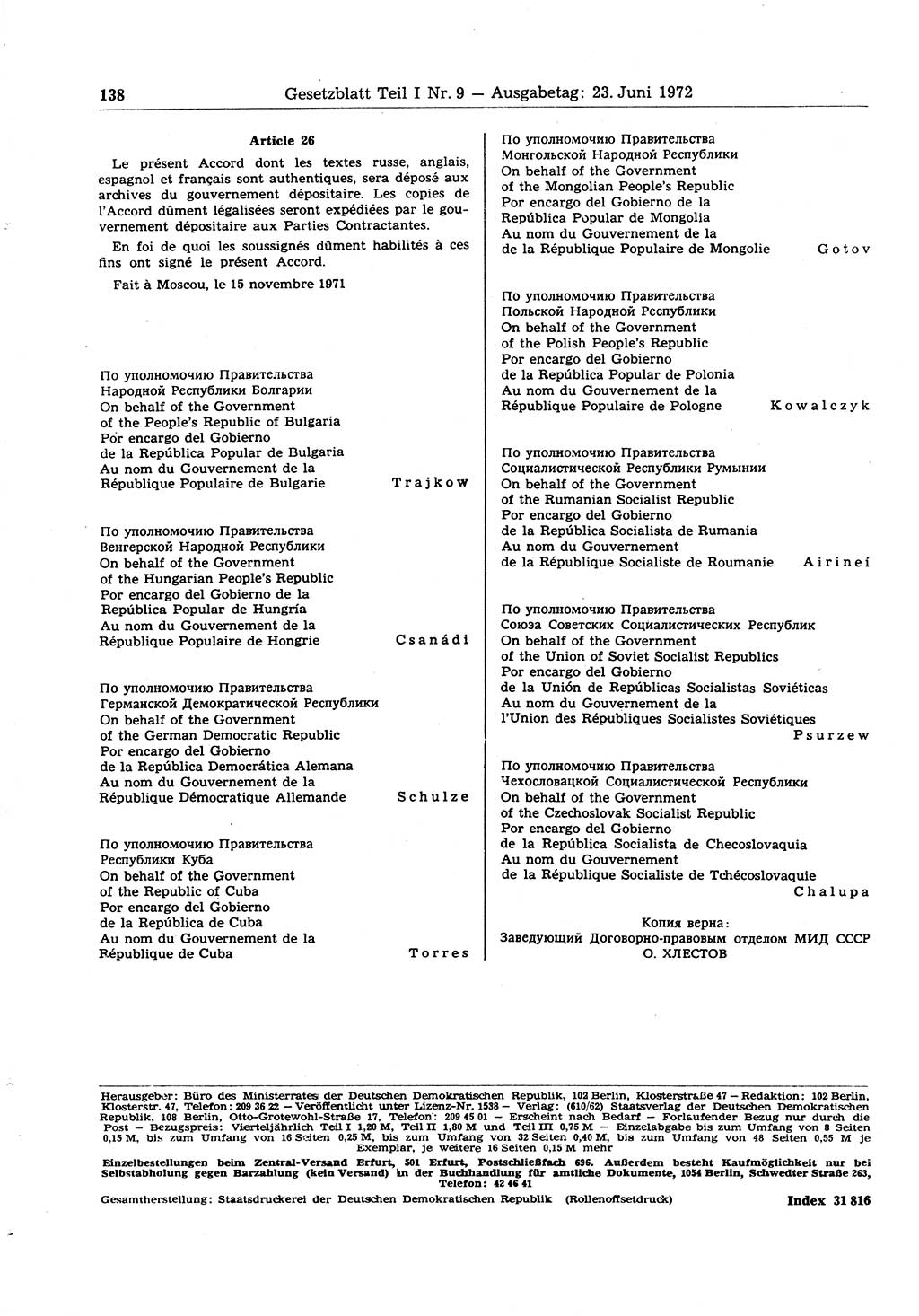 Gesetzblatt (GBl.) der Deutschen Demokratischen Republik (DDR) Teil Ⅰ 1972, Seite 138 (GBl. DDR Ⅰ 1972, S. 138)