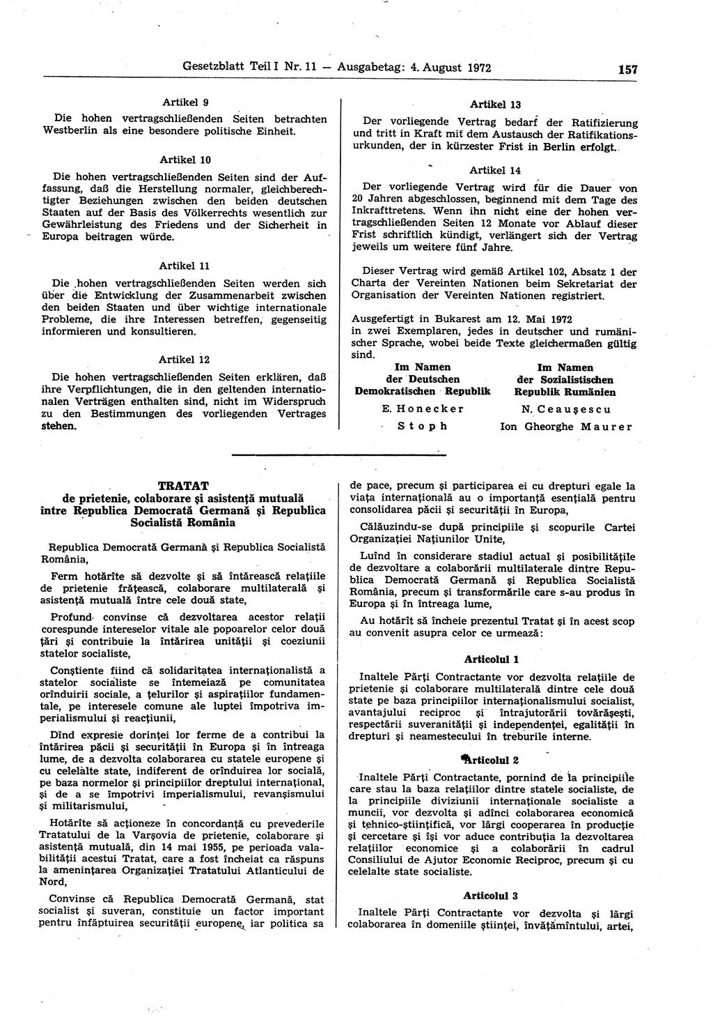 Gesetzblatt (GBl.) der Deutschen Demokratischen Republik (DDR) Teil Ⅰ 1972, Seite 157 (GBl. DDR Ⅰ 1972, S. 157)