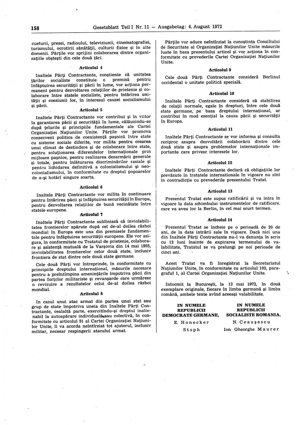 Gesetzblatt (GBl.) der Deutschen Demokratischen Republik (DDR) Teil Ⅰ 1972, Seite 158 (GBl. DDR Ⅰ 1972, S. 158)