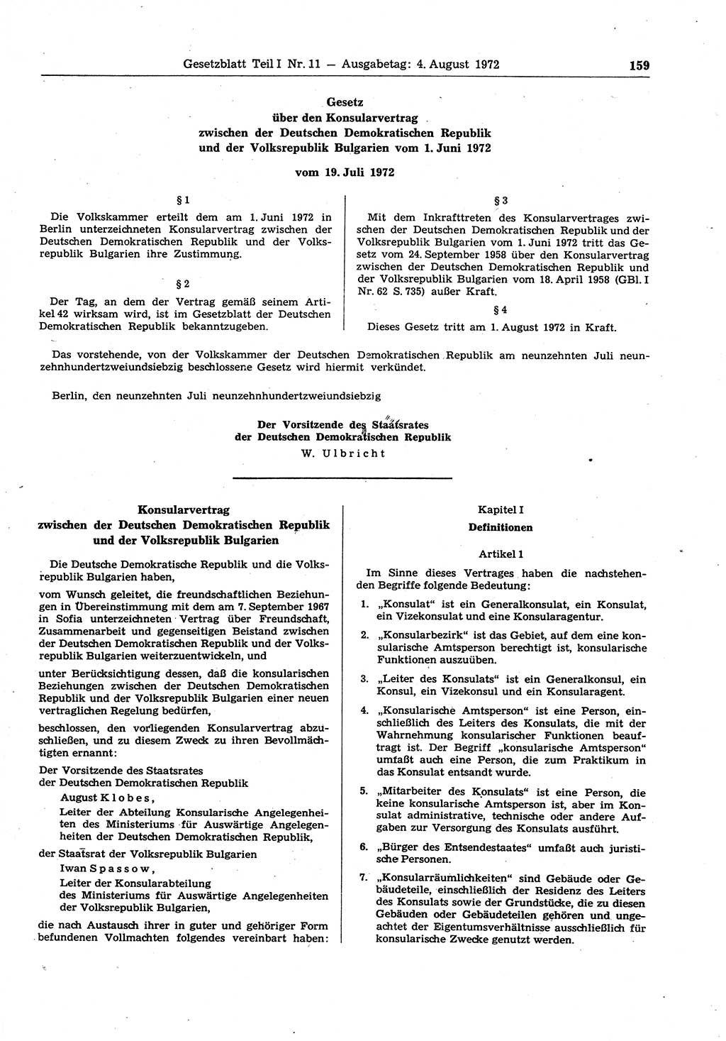 Gesetzblatt (GBl.) der Deutschen Demokratischen Republik (DDR) Teil Ⅰ 1972, Seite 159 (GBl. DDR Ⅰ 1972, S. 159)