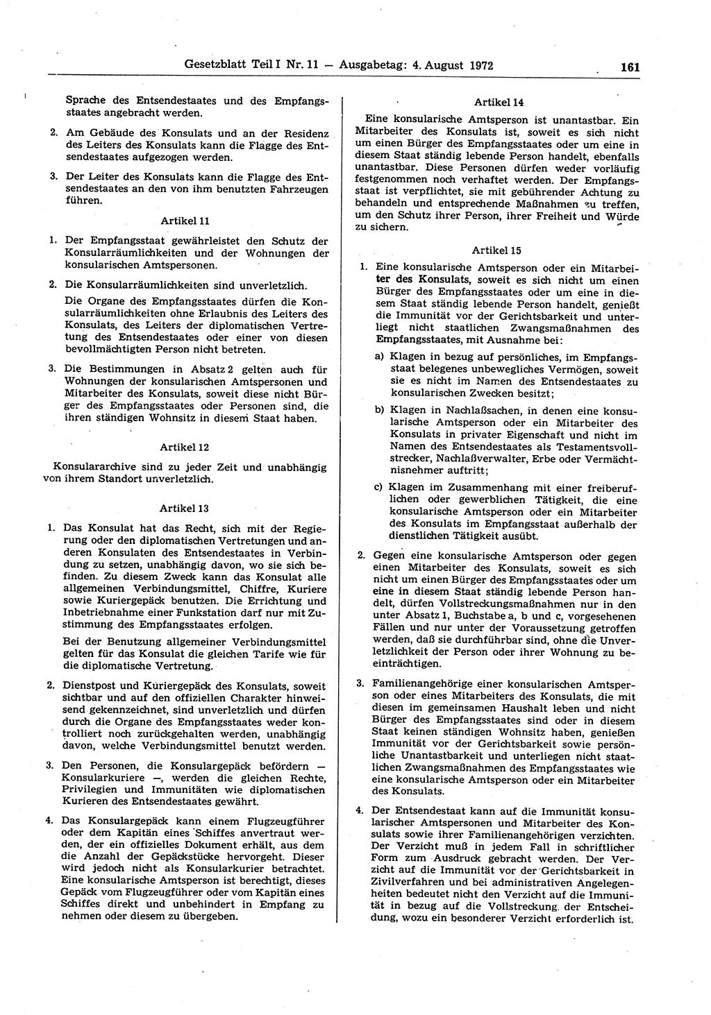 Gesetzblatt (GBl.) der Deutschen Demokratischen Republik (DDR) Teil Ⅰ 1972, Seite 161 (GBl. DDR Ⅰ 1972, S. 161)
