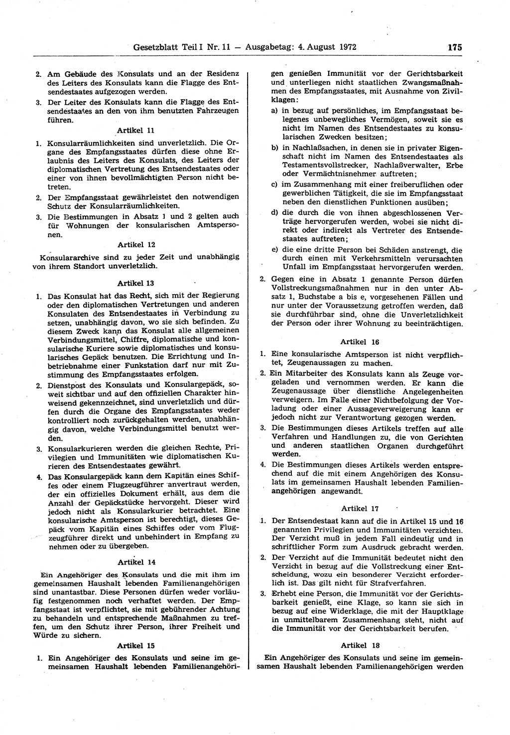 Gesetzblatt (GBl.) der Deutschen Demokratischen Republik (DDR) Teil Ⅰ 1972, Seite 175 (GBl. DDR Ⅰ 1972, S. 175)