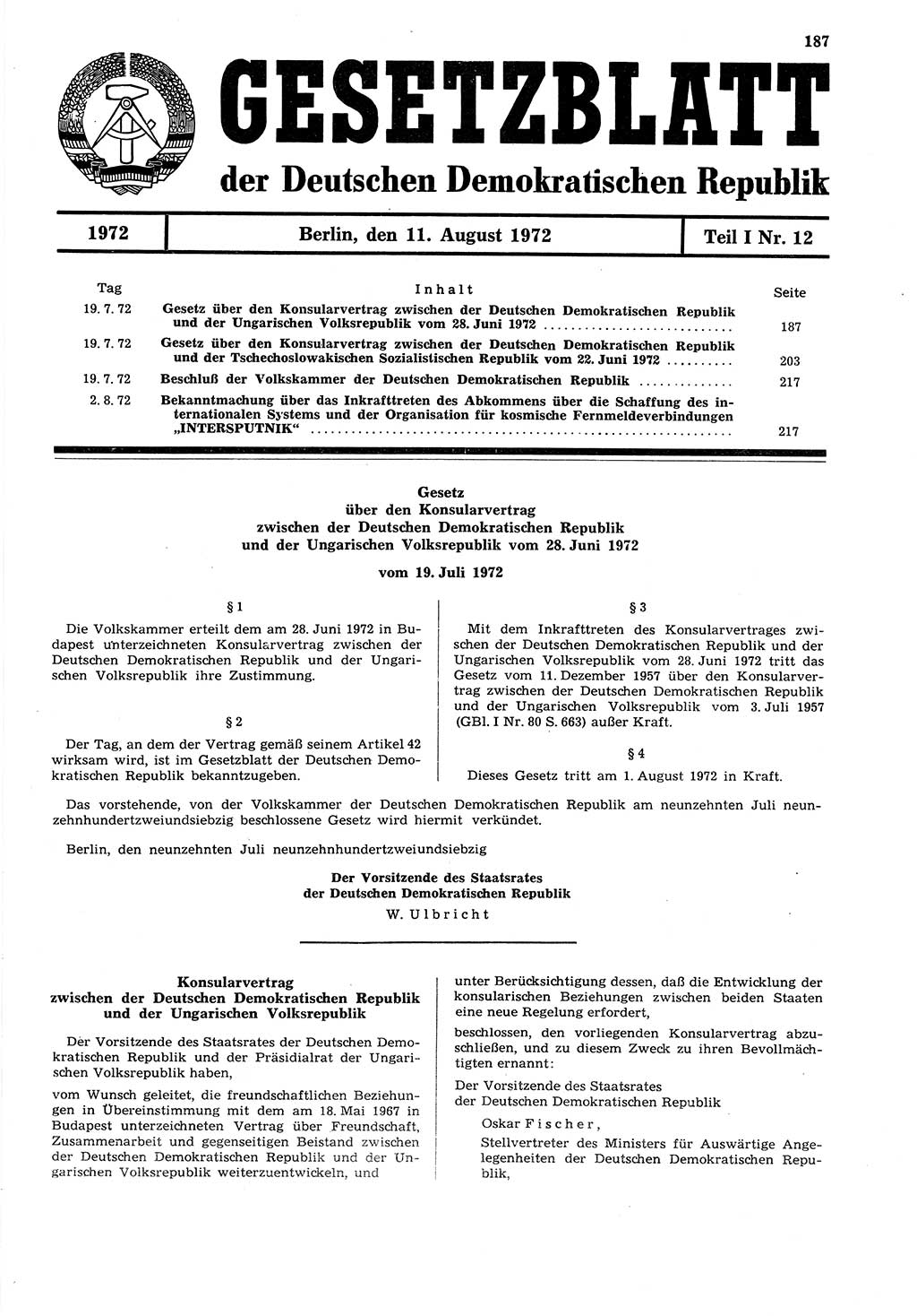 Gesetzblatt (GBl.) der Deutschen Demokratischen Republik (DDR) Teil Ⅰ 1972, Seite 187 (GBl. DDR Ⅰ 1972, S. 187)