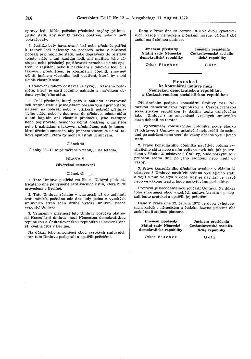 Gesetzblatt (GBl.) der Deutschen Demokratischen Republik (DDR) Teil Ⅰ 1972, Seite 216 (GBl. DDR Ⅰ 1972, S. 216)