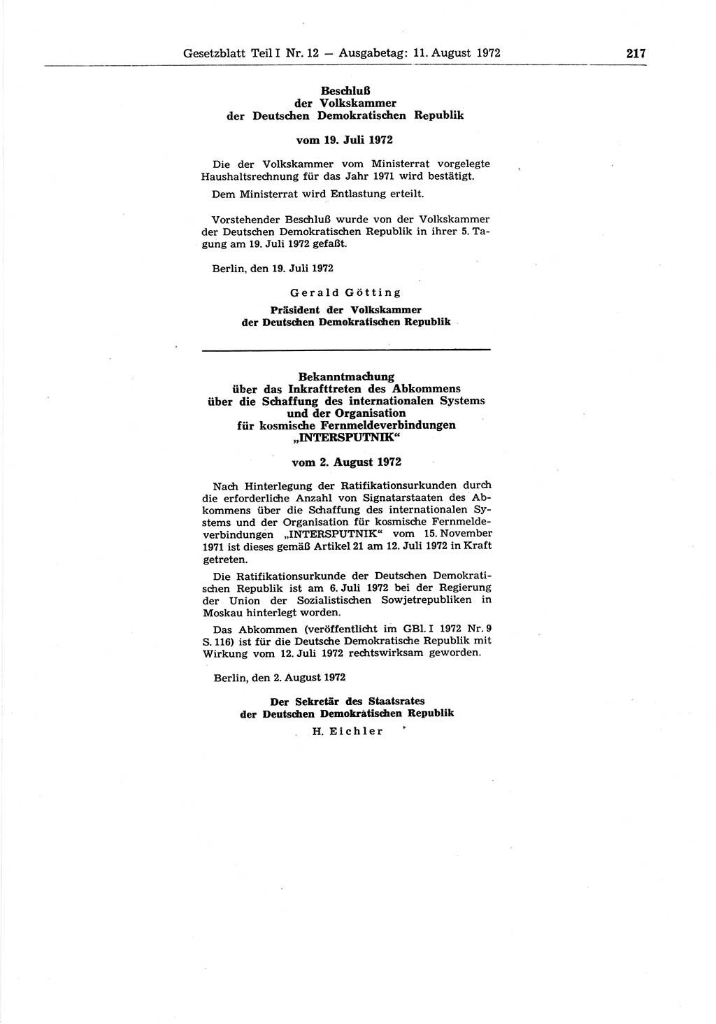 Gesetzblatt (GBl.) der Deutschen Demokratischen Republik (DDR) Teil Ⅰ 1972, Seite 217 (GBl. DDR Ⅰ 1972, S. 217)