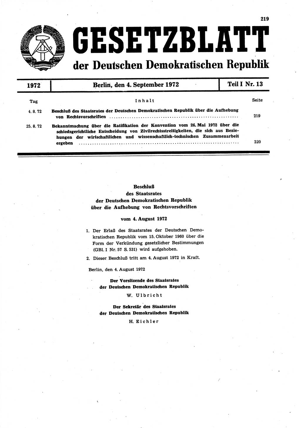 Gesetzblatt (GBl.) der Deutschen Demokratischen Republik (DDR) Teil Ⅰ 1972, Seite 219 (GBl. DDR Ⅰ 1972, S. 219)