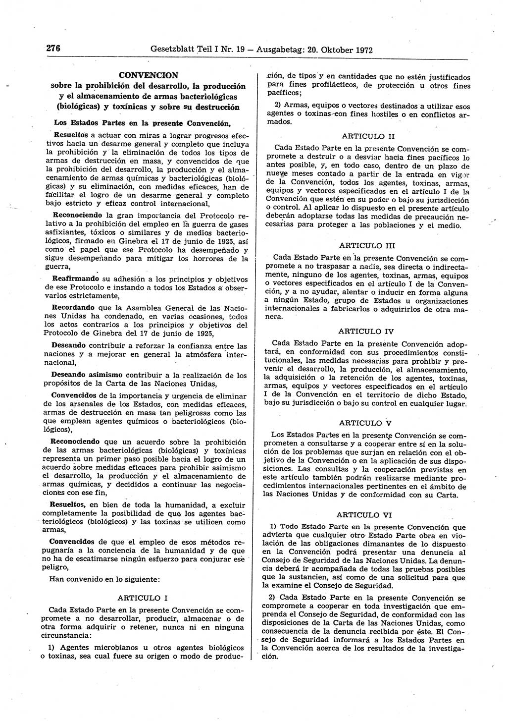 Gesetzblatt (GBl.) der Deutschen Demokratischen Republik (DDR) Teil Ⅰ 1972, Seite 276 (GBl. DDR Ⅰ 1972, S. 276)