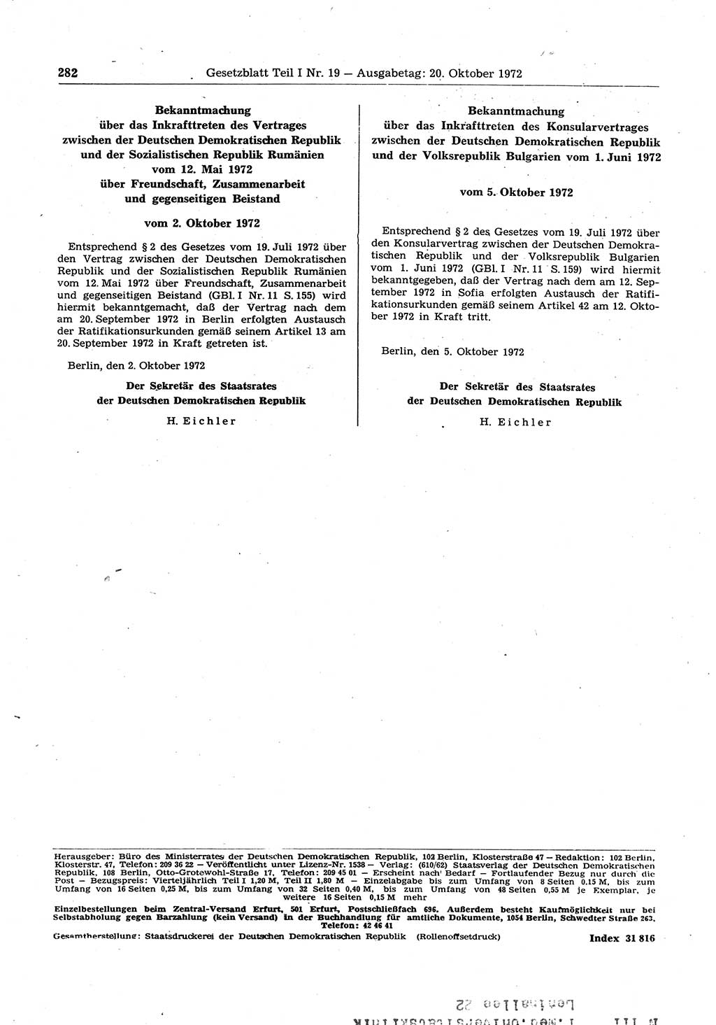 Gesetzblatt (GBl.) der Deutschen Demokratischen Republik (DDR) Teil Ⅰ 1972, Seite 282 (GBl. DDR Ⅰ 1972, S. 282)