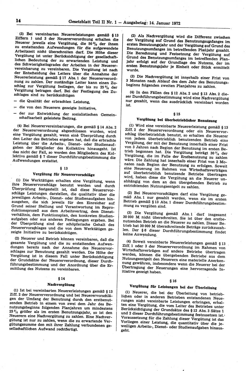 Gesetzblatt (GBl.) der Deutschen Demokratischen Republik (DDR) Teil ⅠⅠ 1972, Seite 14 (GBl. DDR ⅠⅠ 1972, S. 14)