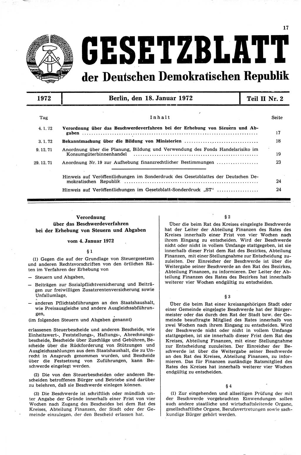Gesetzblatt (GBl.) der Deutschen Demokratischen Republik (DDR) Teil ⅠⅠ 1972, Seite 17 (GBl. DDR ⅠⅠ 1972, S. 17)