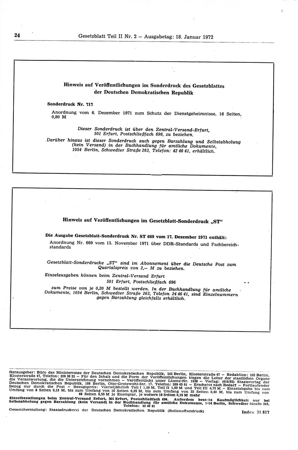 Gesetzblatt (GBl.) der Deutschen Demokratischen Republik (DDR) Teil ⅠⅠ 1972, Seite 24 (GBl. DDR ⅠⅠ 1972, S. 24)