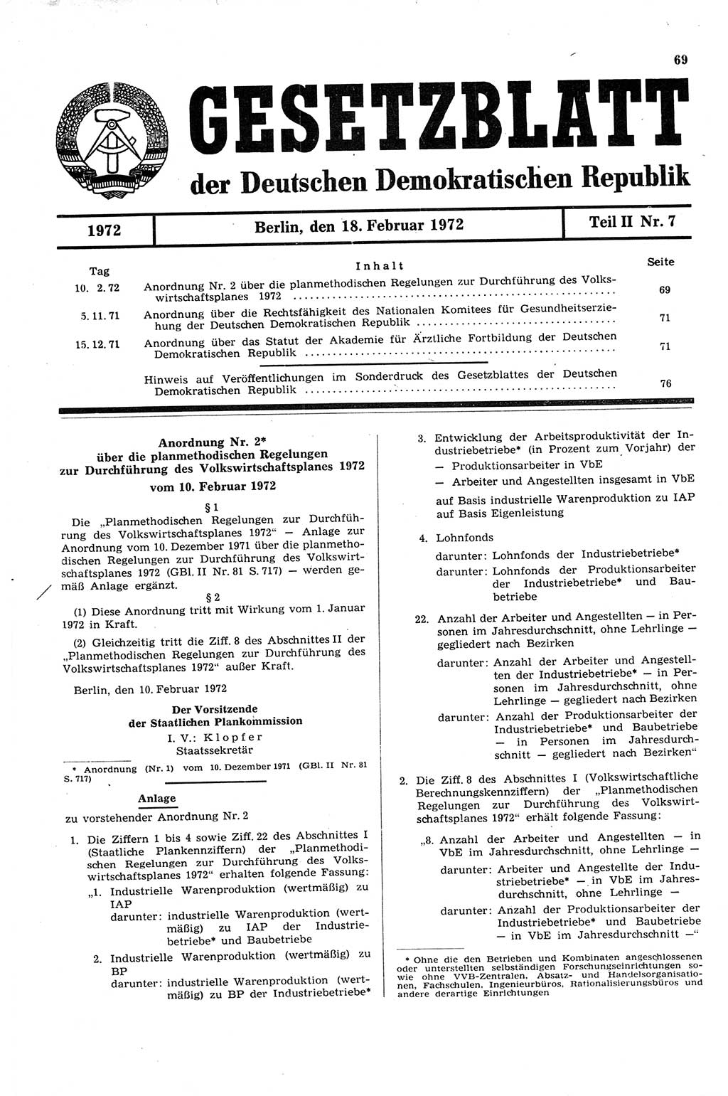 Gesetzblatt (GBl.) der Deutschen Demokratischen Republik (DDR) Teil ⅠⅠ 1972, Seite 69 (GBl. DDR ⅠⅠ 1972, S. 69)