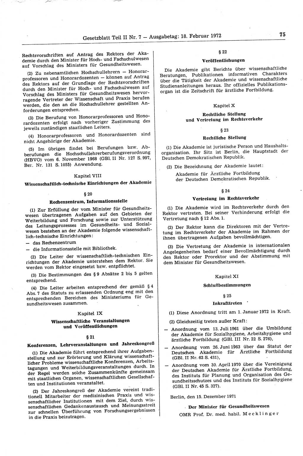 Gesetzblatt (GBl.) der Deutschen Demokratischen Republik (DDR) Teil ⅠⅠ 1972, Seite 75 (GBl. DDR ⅠⅠ 1972, S. 75)