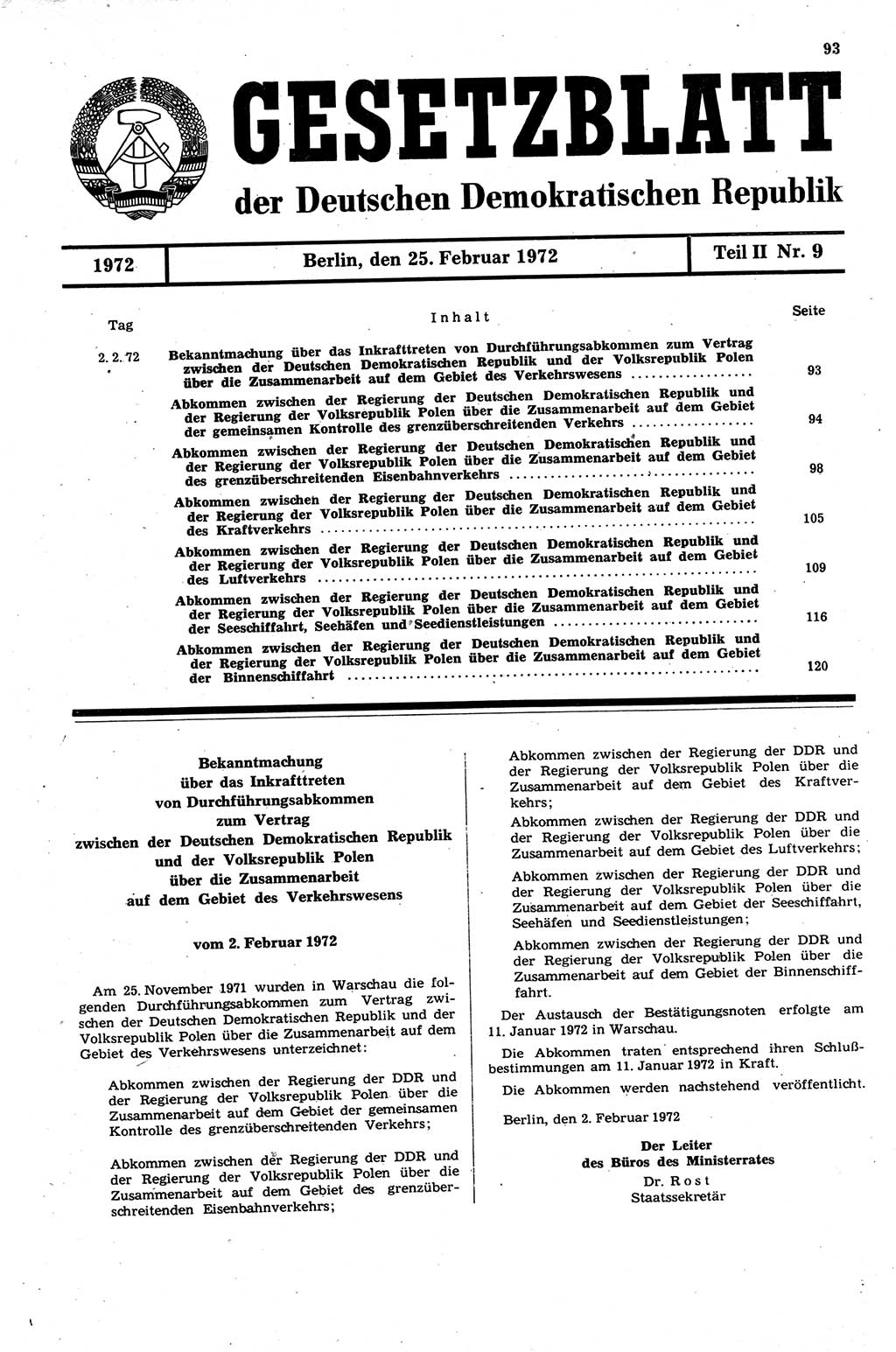 Gesetzblatt (GBl.) der Deutschen Demokratischen Republik (DDR) Teil ⅠⅠ 1972, Seite 93 (GBl. DDR ⅠⅠ 1972, S. 93)