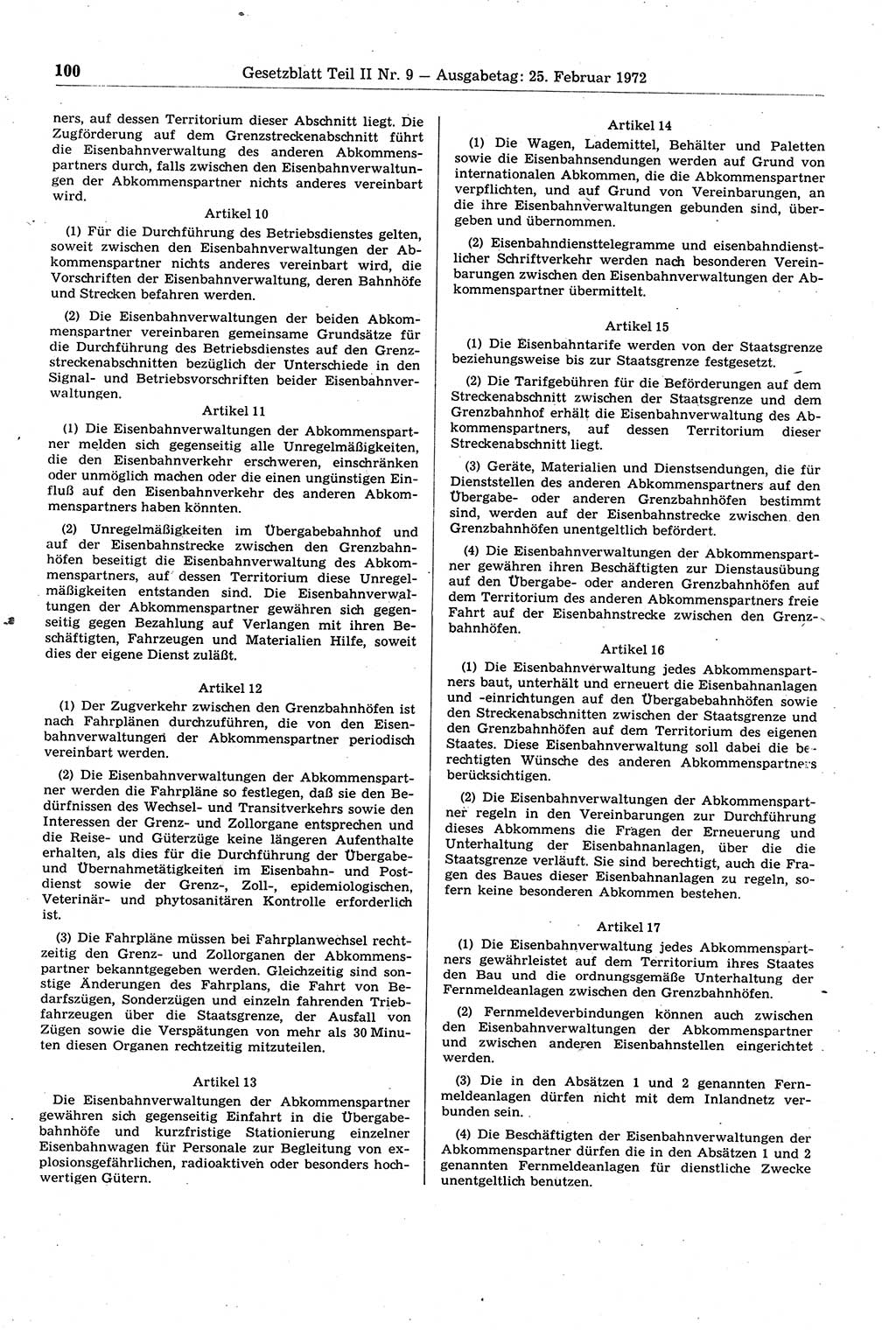 Gesetzblatt (GBl.) der Deutschen Demokratischen Republik (DDR) Teil ⅠⅠ 1972, Seite 100 (GBl. DDR ⅠⅠ 1972, S. 100)