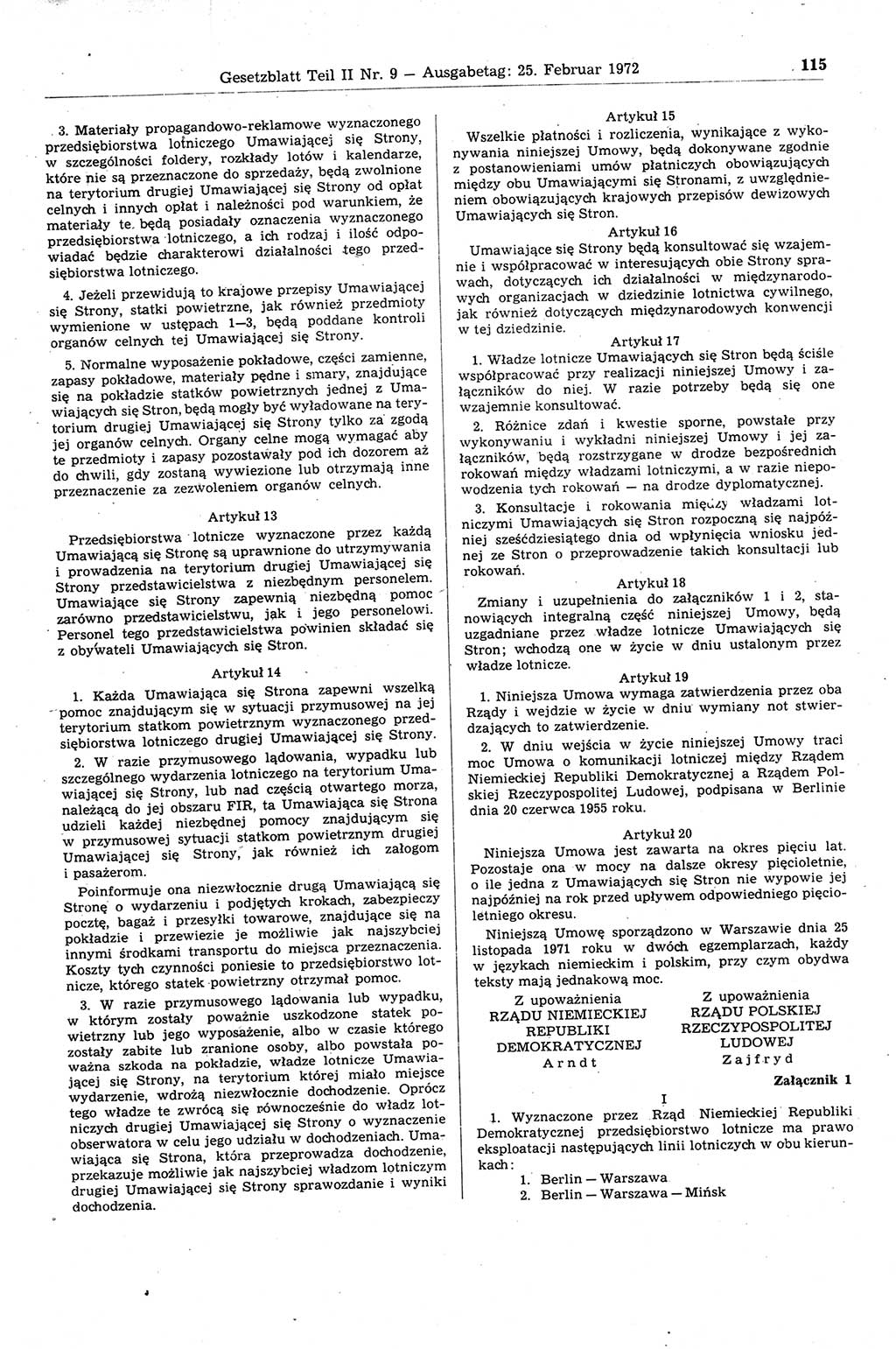 Gesetzblatt (GBl.) der Deutschen Demokratischen Republik (DDR) Teil ⅠⅠ 1972, Seite 115 (GBl. DDR ⅠⅠ 1972, S. 115)