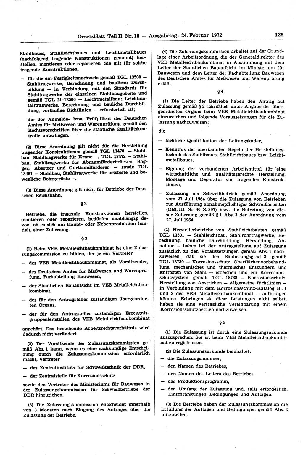 Gesetzblatt (GBl.) der Deutschen Demokratischen Republik (DDR) Teil ⅠⅠ 1972, Seite 129 (GBl. DDR ⅠⅠ 1972, S. 129)