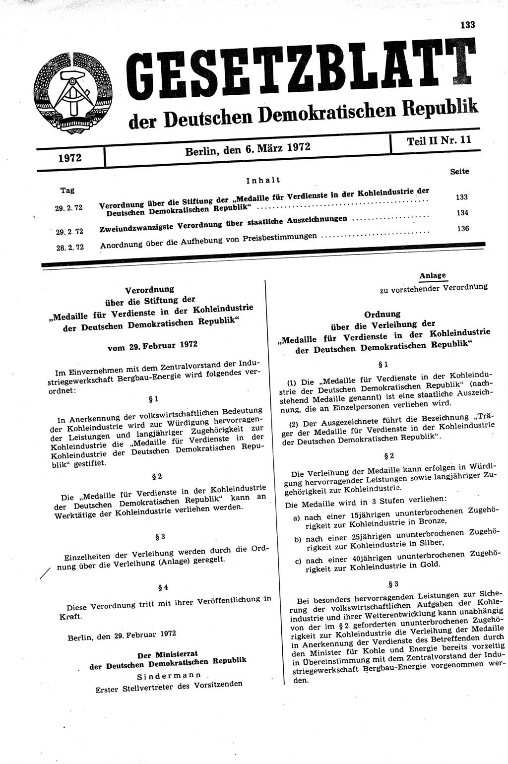 Gesetzblatt (GBl.) der Deutschen Demokratischen Republik (DDR) Teil ⅠⅠ 1972, Seite 133 (GBl. DDR ⅠⅠ 1972, S. 133)