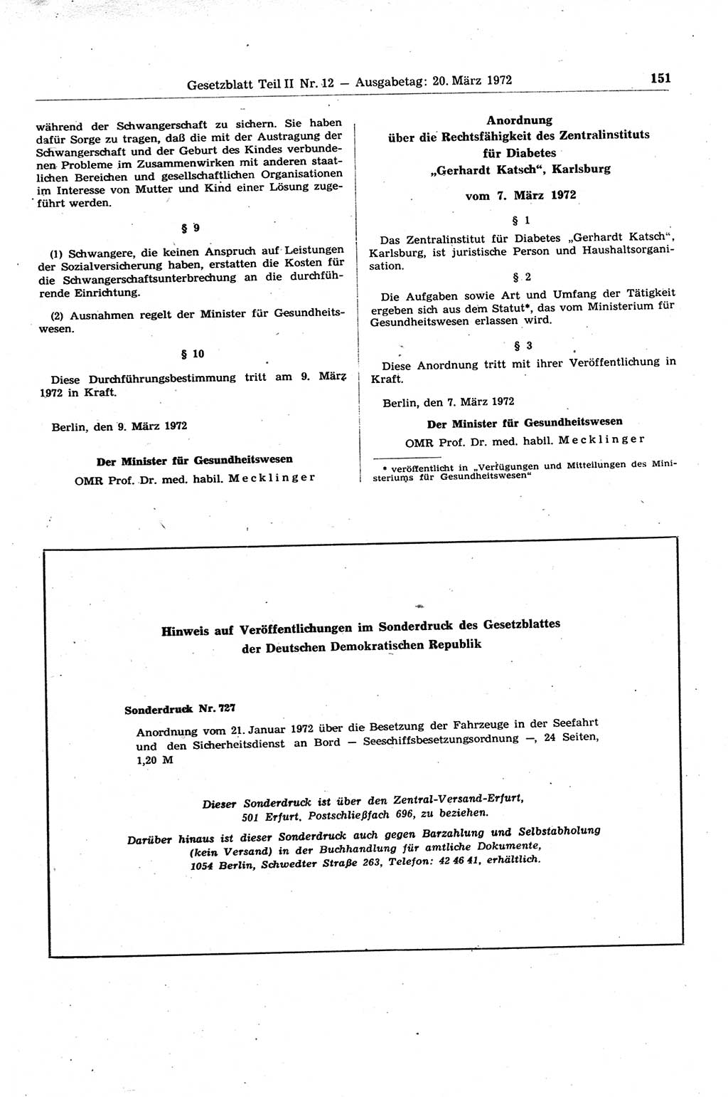 Gesetzblatt (GBl.) der Deutschen Demokratischen Republik (DDR) Teil ⅠⅠ 1972, Seite 151 (GBl. DDR ⅠⅠ 1972, S. 151)