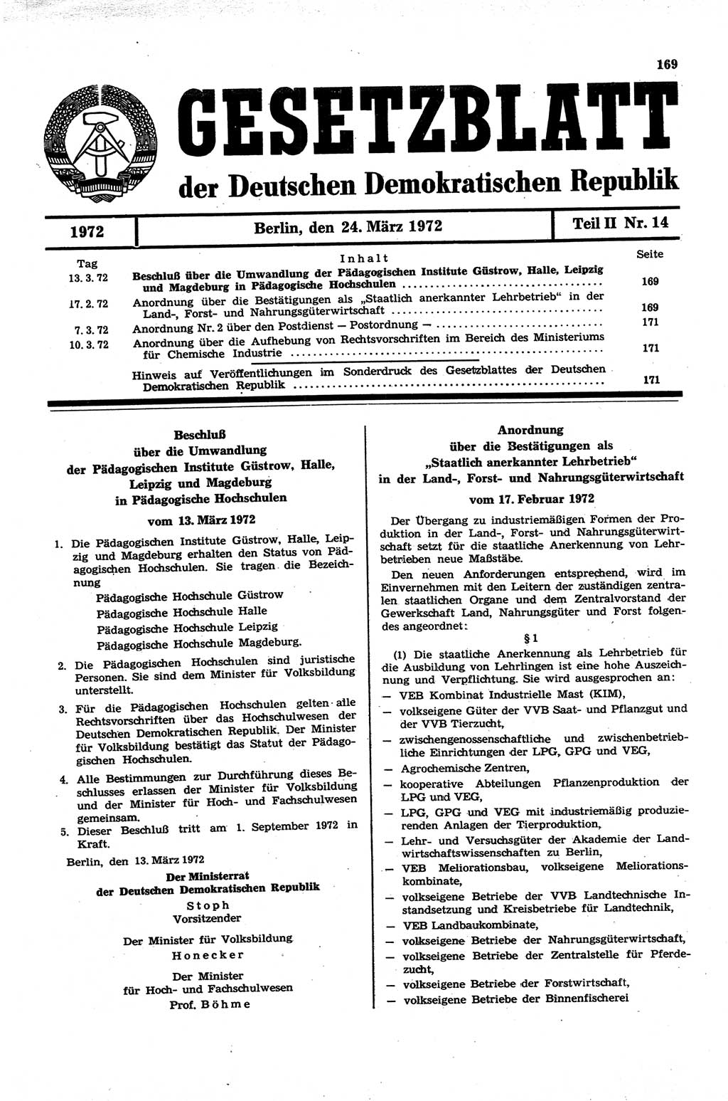 Gesetzblatt (GBl.) der Deutschen Demokratischen Republik (DDR) Teil ⅠⅠ 1972, Seite 169 (GBl. DDR ⅠⅠ 1972, S. 169)