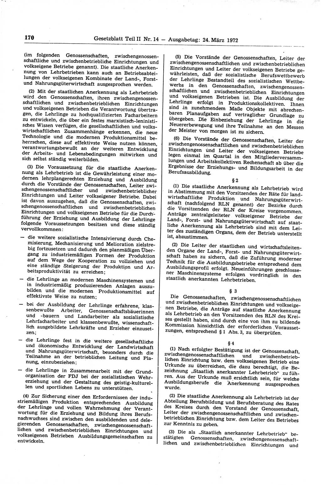 Gesetzblatt (GBl.) der Deutschen Demokratischen Republik (DDR) Teil ⅠⅠ 1972, Seite 170 (GBl. DDR ⅠⅠ 1972, S. 170)