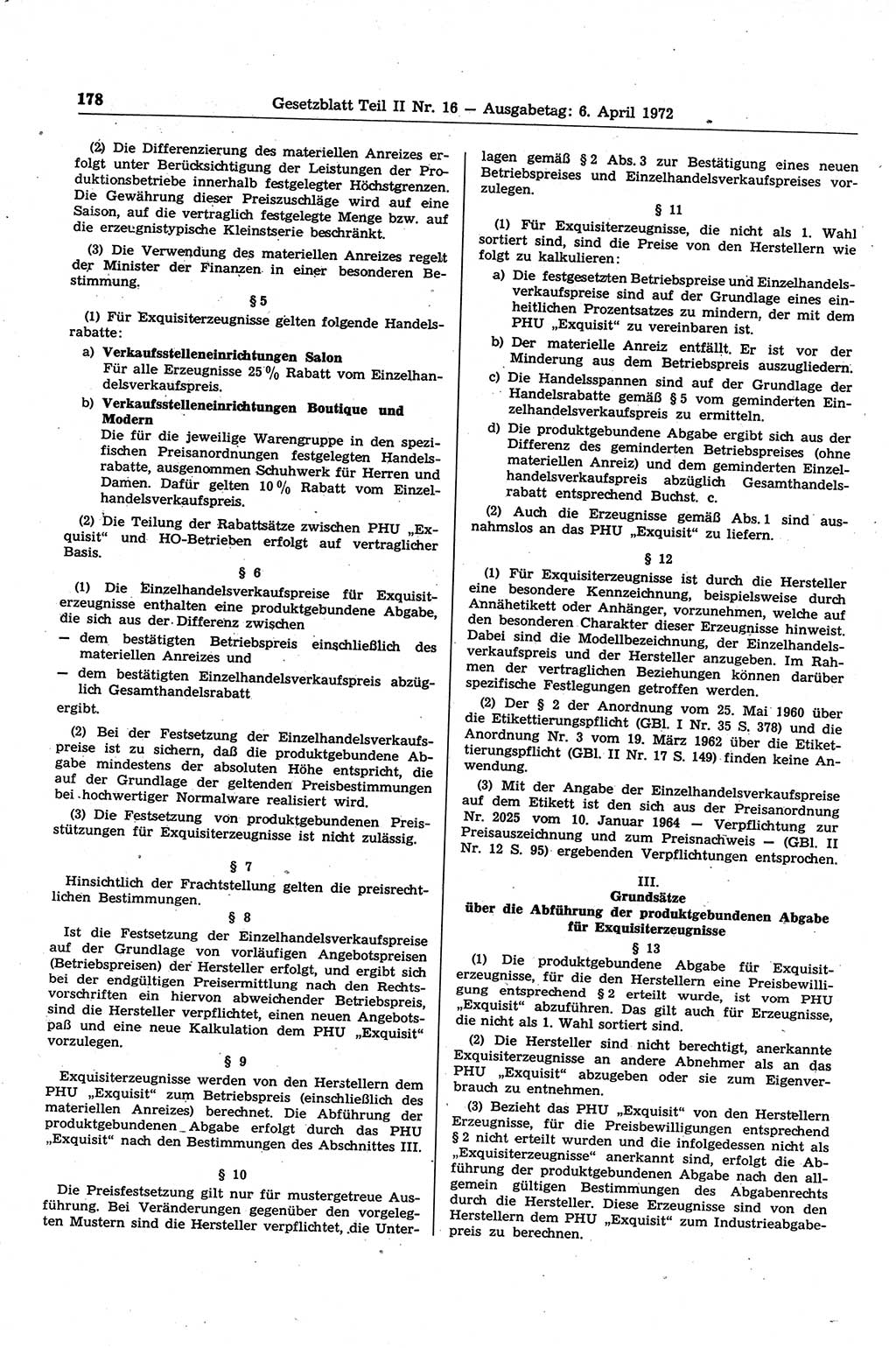 Gesetzblatt (GBl.) der Deutschen Demokratischen Republik (DDR) Teil ⅠⅠ 1972, Seite 178 (GBl. DDR ⅠⅠ 1972, S. 178)