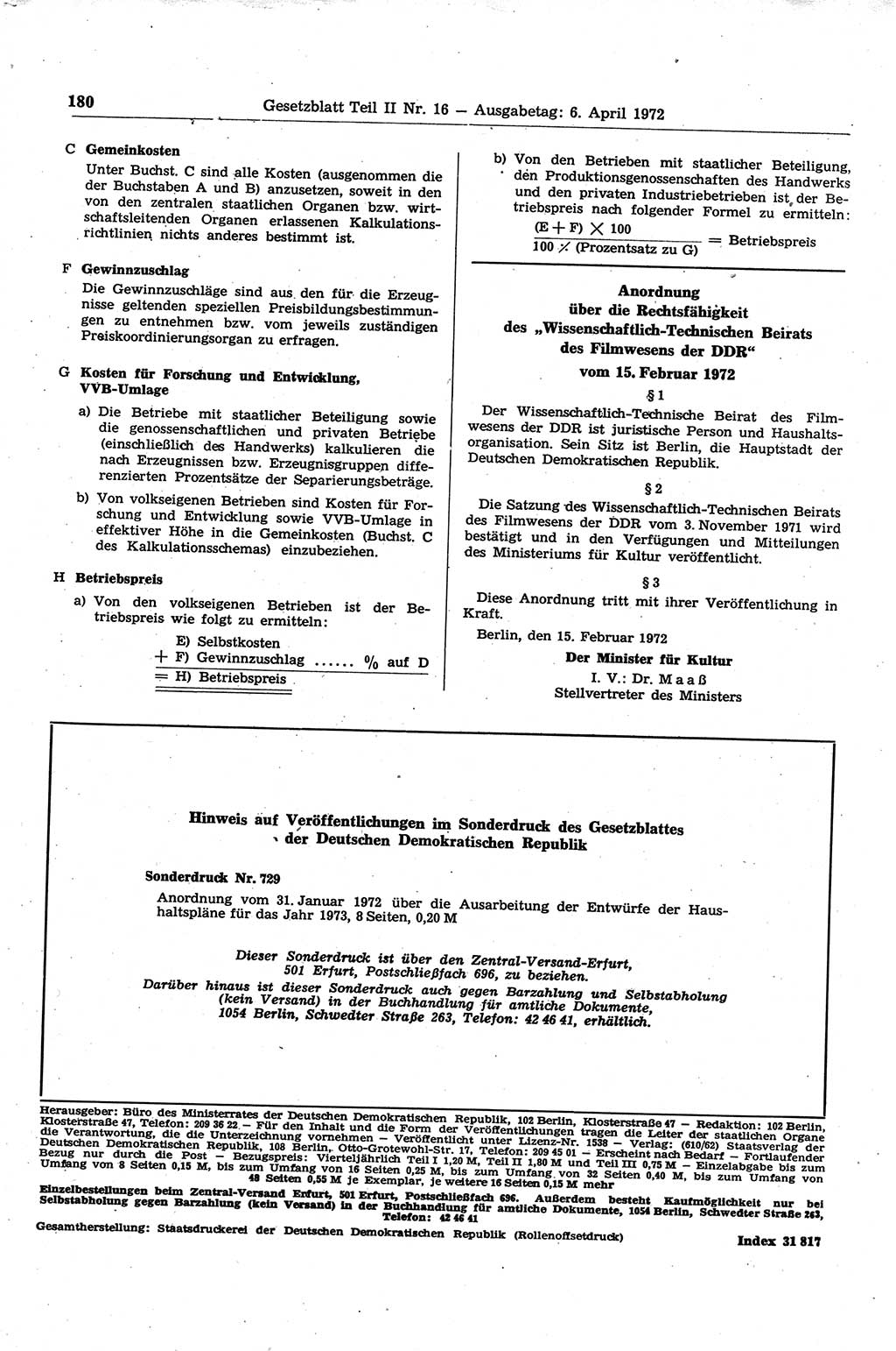 Gesetzblatt (GBl.) der Deutschen Demokratischen Republik (DDR) Teil ⅠⅠ 1972, Seite 180 (GBl. DDR ⅠⅠ 1972, S. 180)