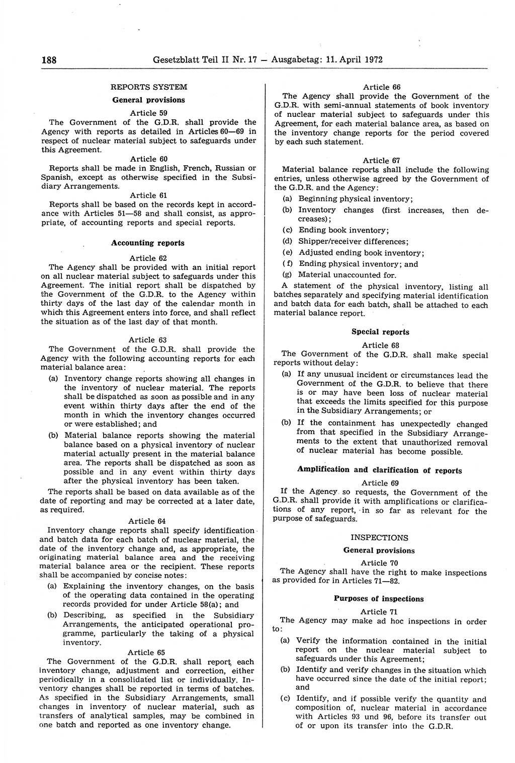 Gesetzblatt (GBl.) der Deutschen Demokratischen Republik (DDR) Teil ⅠⅠ 1972, Seite 188 (GBl. DDR ⅠⅠ 1972, S. 188)