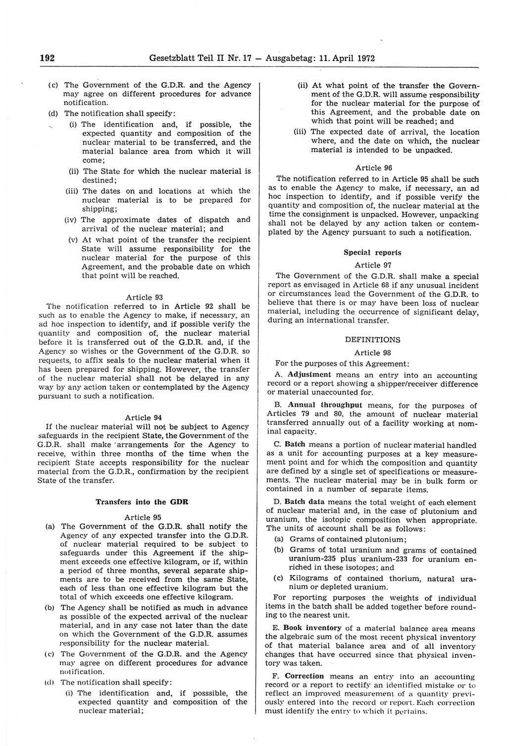 Gesetzblatt (GBl.) der Deutschen Demokratischen Republik (DDR) Teil ⅠⅠ 1972, Seite 192 (GBl. DDR ⅠⅠ 1972, S. 192)