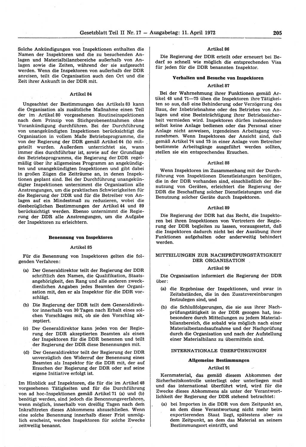 Gesetzblatt (GBl.) der Deutschen Demokratischen Republik (DDR) Teil ⅠⅠ 1972, Seite 205 (GBl. DDR ⅠⅠ 1972, S. 205)