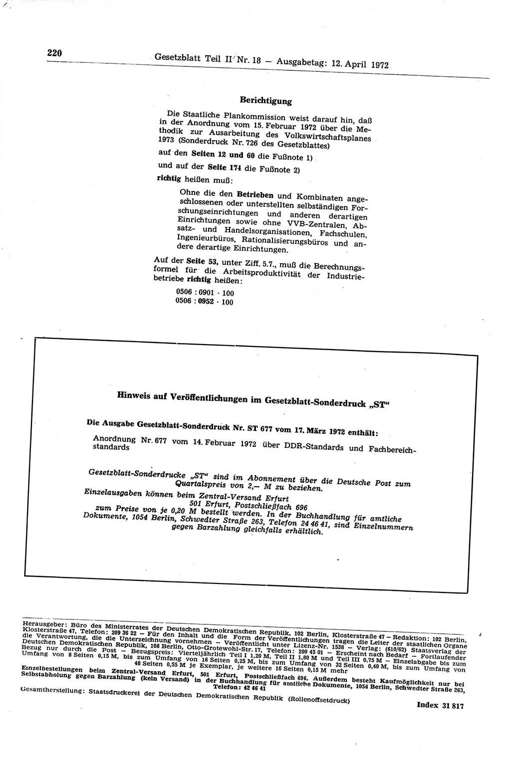 Gesetzblatt (GBl.) der Deutschen Demokratischen Republik (DDR) Teil ⅠⅠ 1972, Seite 220 (GBl. DDR ⅠⅠ 1972, S. 220)