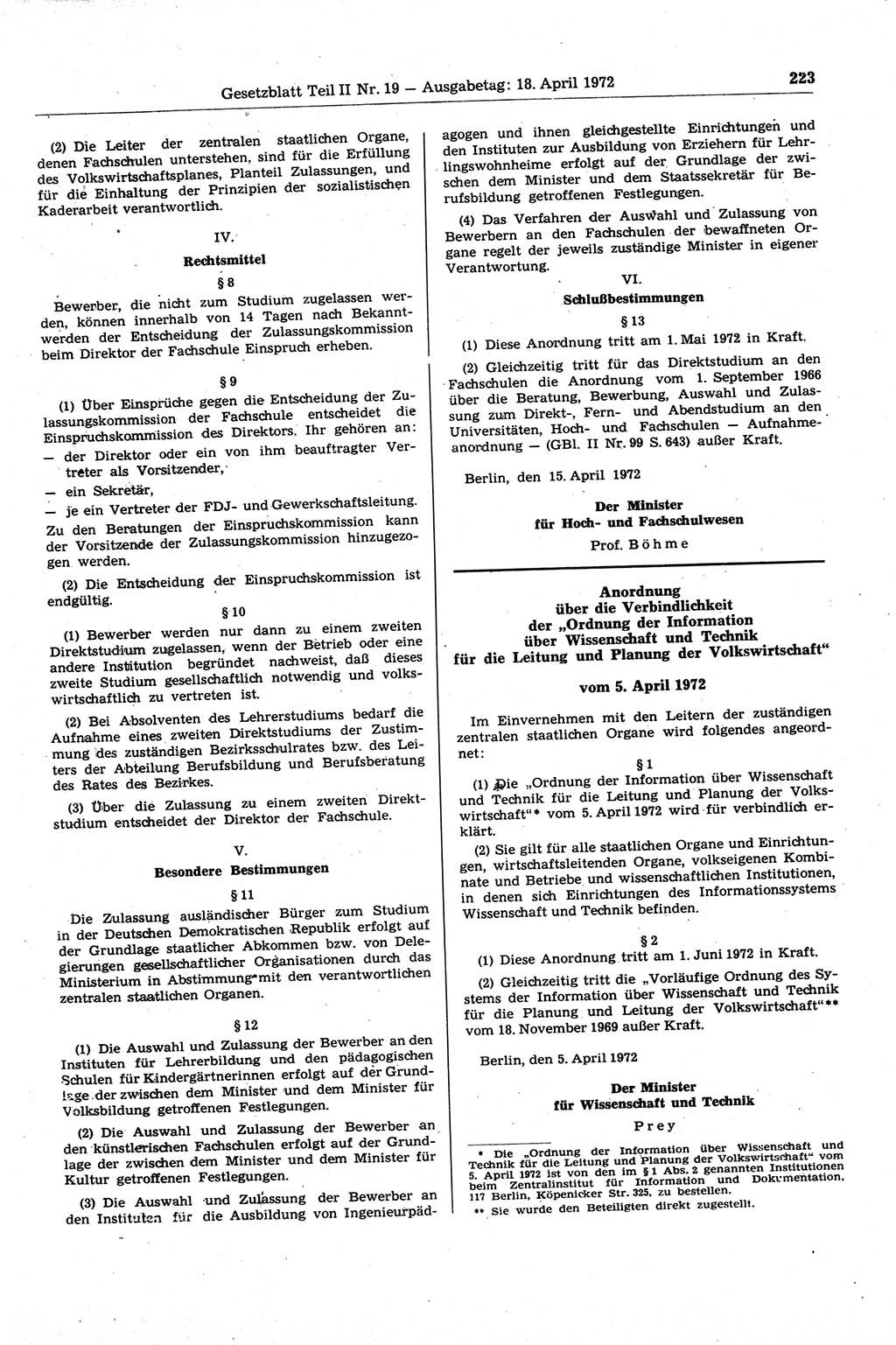Gesetzblatt (GBl.) der Deutschen Demokratischen Republik (DDR) Teil ⅠⅠ 1972, Seite 223 (GBl. DDR ⅠⅠ 1972, S. 223)