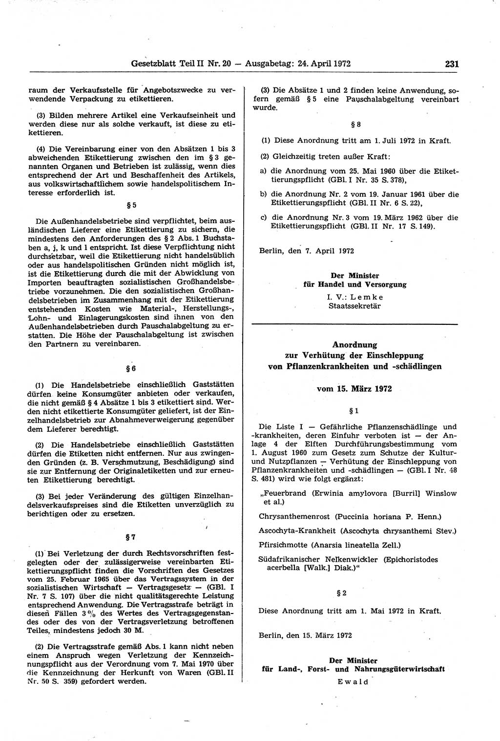 Gesetzblatt (GBl.) der Deutschen Demokratischen Republik (DDR) Teil ⅠⅠ 1972, Seite 231 (GBl. DDR ⅠⅠ 1972, S. 231)